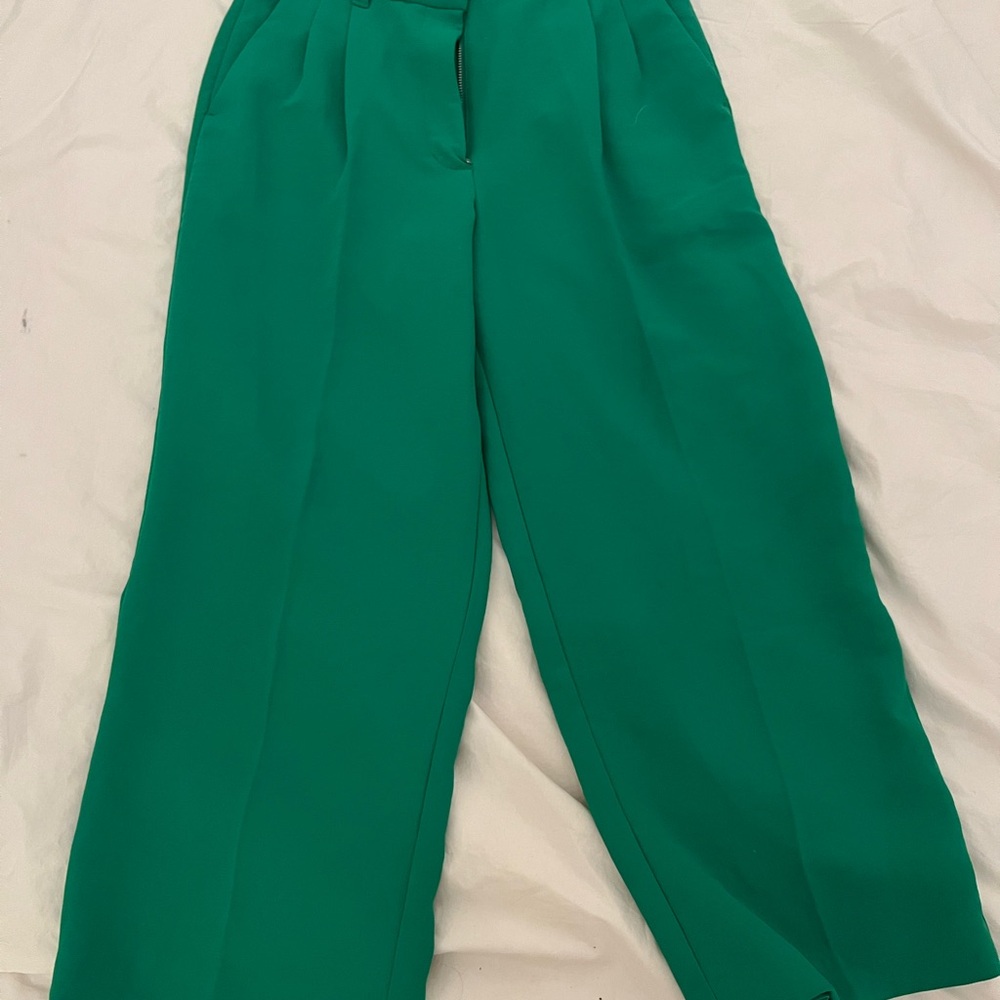 WILFRED Aritzia Effortlesss High Waisted Wide Leg Cropped Glossy Green Pants